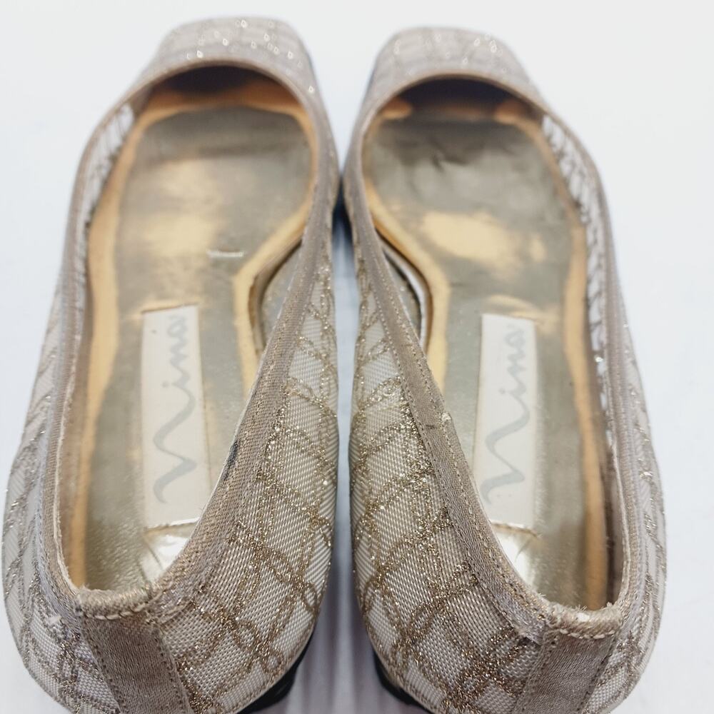 Shoes Women Slip On Pump Gold Mesh Floral Nina Cuban Heel Square Toe Size 8.5M - Picture 4 of 8